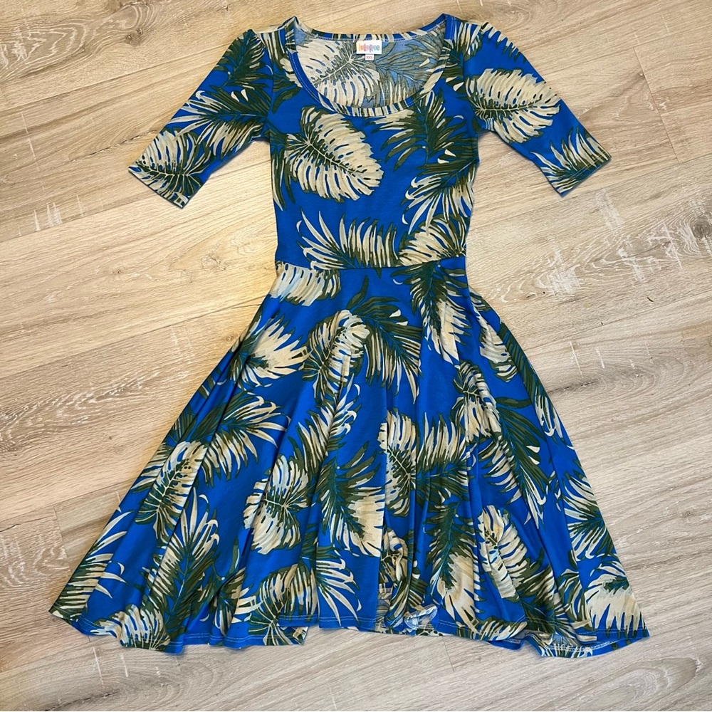 Tropical Palm Print Lularoe Nicole Dress Blue Size XXS
